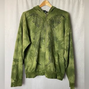 Thorn & Fable Fairy Wings Green tie dye Streetwear Zip Up Cotton Hoodie M